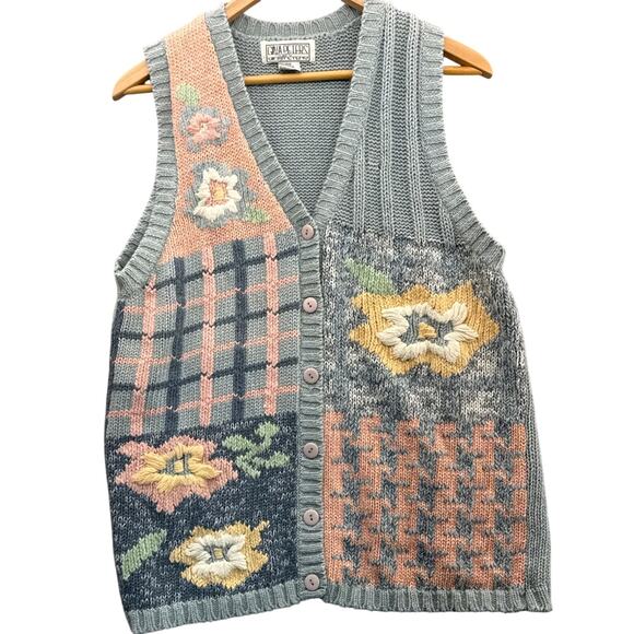 Gina Peters Sweaters - Gina Peters VIntage Embroidered Pink Blue Floral Patchwork Sweater Vest Women M